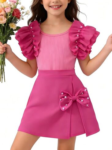 KIDLAGA Girl Outfits summer clothes Ribbed Sleeveless Pearl Ruffle Top And Solid Bow Skirt 2 Pieces Casual Set for Girls 8-13 in Saudi Arabia