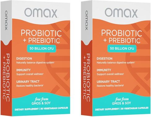 علب Omax3 بروبيوتيك نباتي + حبوب مكملات البريبايوتك، 50 مليار وحدة تشكيل مستعمرة، 10 سلالات مدروسة سريريًا، خالية من منتجات الألبان، غير معدلة وراثيًا، معبأة في فقاعات (90 كبسولة نباتية) in Saudi Arabia