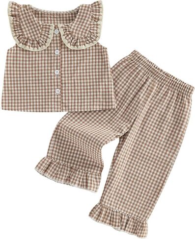 Toddler Girl Clothes Baby Summer Outfits Gingham Ruffle Sleeveless Vest Shirt Tank Tops Pants Set 1T 2T 3T 4T 5T in Kuwait
