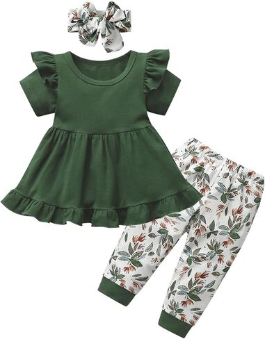 Toddler Girl Clothes Summer Baby Girls Outfits Short Sleeve Ruffle Tops Pant Sets with Headband in Kuwait