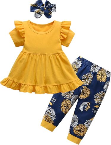 Toddler Girl Clothes Summer Baby Girls Outfits Short Sleeve Ruffle Tops Pant Sets with Headband in Saudi Arabia