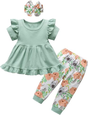 Toddler Girl Clothes Summer Baby Girls Outfits Short Sleeve Ruffle Tops Pant Sets with Headband in Saudi Arabia
