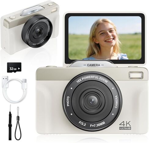 4K Digital Camera for Photography, 2026 Latest 64MP Autofocus WiFi Vlogging Camera for YouTube, 3'' 180° Flip Screen Compact Travel Cameras for Beginners with 16X Zoom, 32GB TF Card, Flash (White) in Kuwait