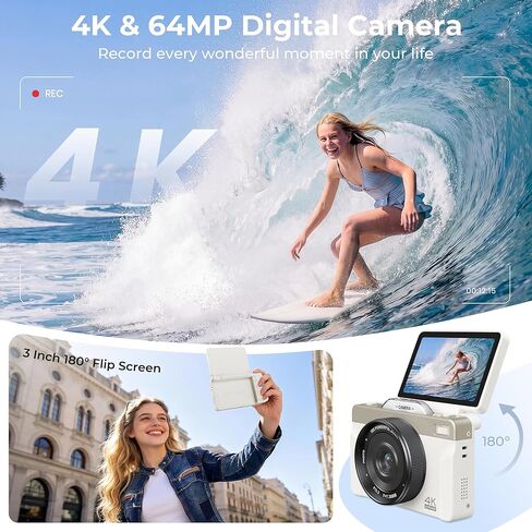 4K Digital Camera for Photography, 2026 Latest 64MP Autofocus WiFi Vlogging Camera for YouTube, 3'' 180° Flip Screen Compact Travel Cameras for Beginners with 16X Zoom, 32GB TF Card, Flash (White) in Kuwait