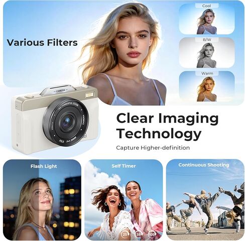 4K Digital Camera for Photography, 2026 Latest 64MP Autofocus WiFi Vlogging Camera for YouTube, 3'' 180° Flip Screen Compact Travel Cameras for Beginners with 16X Zoom, 32GB TF Card, Flash (White) in Kuwait