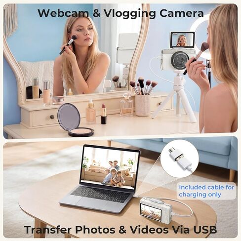 4K Digital Camera for Photography, 2026 Latest 64MP Autofocus WiFi Vlogging Camera for YouTube, 3'' 180° Flip Screen Compact Travel Cameras for Beginners with 16X Zoom, 32GB TF Card, Flash (White) in Kuwait