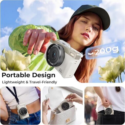 4K Digital Camera for Photography, 2026 Latest 64MP Autofocus WiFi Vlogging Camera for YouTube, 3'' 180° Flip Screen Compact Travel Cameras for Beginners with 16X Zoom, 32GB TF Card, Flash (White) in Kuwait
