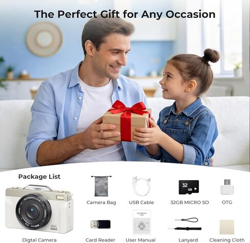 4K Digital Camera for Photography, 2026 Latest 64MP Autofocus WiFi Vlogging Camera for YouTube, 3'' 180° Flip Screen Compact Travel Cameras for Beginners with 16X Zoom, 32GB TF Card, Flash (White) in Kuwait