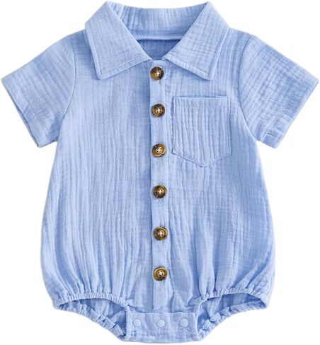 Karuedoo Infant Baby Boy Summer Clothes Muslin Button Up Shirt Bodysuit Short Sleeve Collared Bubble Romper One Piece Outfit in Kuwait