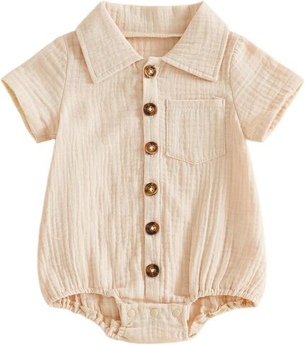 Karuedoo Infant Baby Boy Summer Clothes Muslin Button Up Shirt Bodysuit Short Sleeve Collared Bubble Romper One Piece Outfit in Saudi Arabia