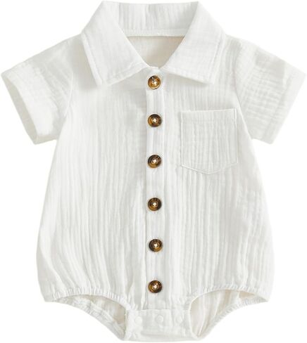Karuedoo Infant Baby Boy Summer Clothes Muslin Button Up Shirt Bodysuit Short Sleeve Collared Bubble Romper One Piece Outfit in Saudi Arabia