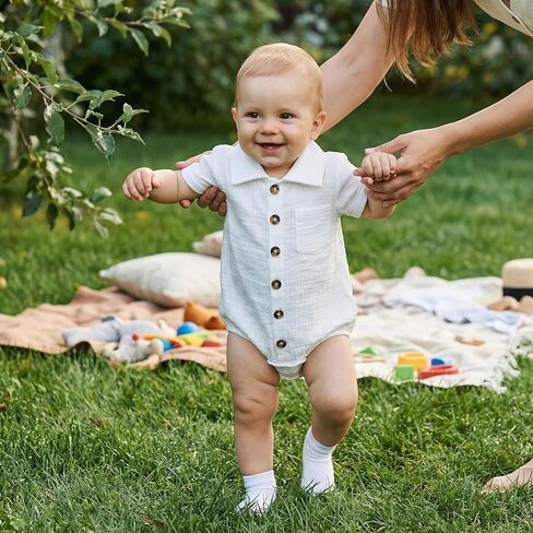 Karuedoo Infant Baby Boy Summer Clothes Muslin Button Up Shirt Bodysuit Short Sleeve Collared Bubble Romper One Piece Outfit in Saudi Arabia