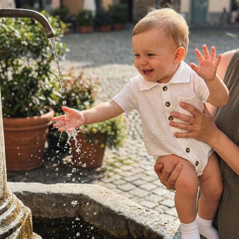 Karuedoo Infant Baby Boy Summer Clothes Muslin Button Up Shirt Bodysuit Short Sleeve Collared Bubble Romper One Piece Outfit in Saudi Arabia