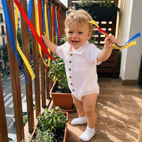 Karuedoo Infant Baby Boy Summer Clothes Muslin Button Up Shirt Bodysuit Short Sleeve Collared Bubble Romper One Piece Outfit in Saudi Arabia