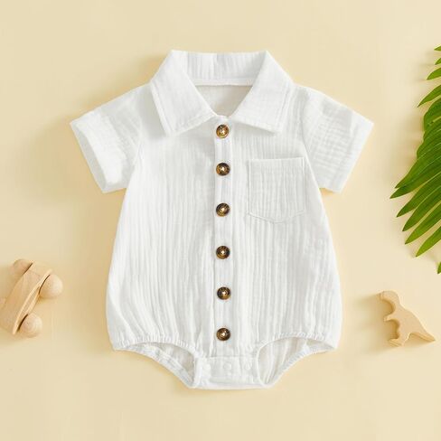 Karuedoo Infant Baby Boy Summer Clothes Muslin Button Up Shirt Bodysuit Short Sleeve Collared Bubble Romper One Piece Outfit in Saudi Arabia