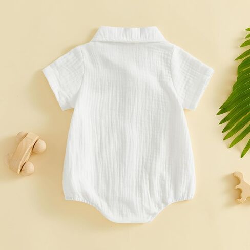 Karuedoo Infant Baby Boy Summer Clothes Muslin Button Up Shirt Bodysuit Short Sleeve Collared Bubble Romper One Piece Outfit in Saudi Arabia