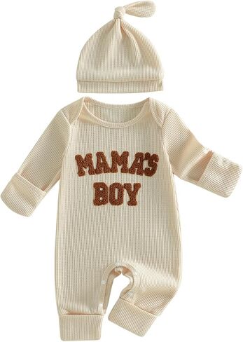 Newborn Baby Boy Clothes Mamas Boy Embroidered Long Sleeve Jumpsuit Coming Home Outfits Waffle Knit Romper & Hat in Kuwait