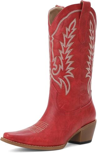 Tscoyuki Cowboy Boots for Women | Cowgirl Boots with Chunky Heel, Pull On Tabs, Vintage Snip Toe Embroidery, Western-Inspired Mid Calf Boots in Saudi Arabia