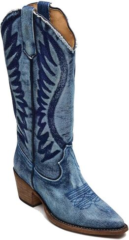MICIFA Cowboy Boots For Women Mid Calf Western Boots Pointed Chunky Block Low Heel Embroidery Cowgirl Booties Pull on Wide Calf Fashion Casual Shoes in Kuwait