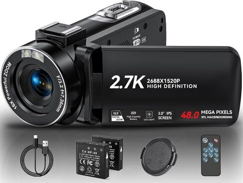 كاميرا فيديو كاميرا فيديو 2.7K Full HD 48MP لكاميرا YouTube 3.0 بوصة IPS شاشة تسجيل فيديو 16X مسجل كاميرا فيديو رقمي مع جهاز تحكم عن بعد، غطاء عدسة in Kuwait