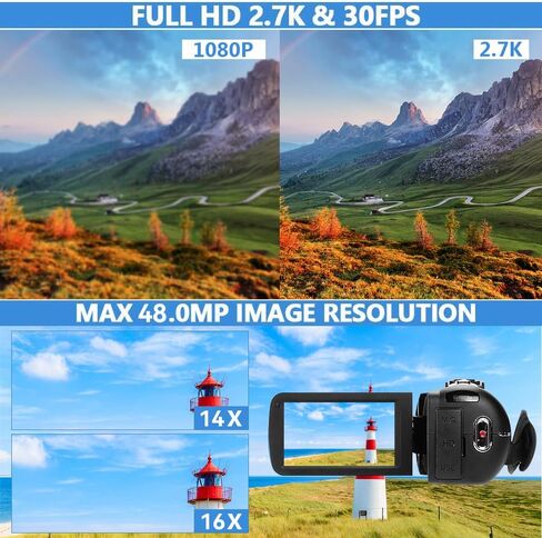 كاميرا فيديو كاميرا فيديو 2.7K Full HD 48MP لكاميرا YouTube 3.0 بوصة IPS شاشة تسجيل فيديو 16X مسجل كاميرا فيديو رقمي مع جهاز تحكم عن بعد، غطاء عدسة in Kuwait