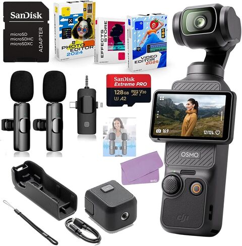 كاميرا تسجيل فيديو DJI Osmo Pocket 3 مزودة بدقة 4K، وثبات ثلاثي المحاور، وتركيز سريع، وحزمة تتبع الوجه/الأشياء + الملحقات بما في ذلك بطاقة Extreme سعة 128 جيجابايت ونظام ميكروفون لاسلكي وبرامج والمزيد in Kuwait