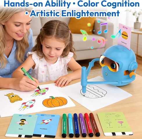 Drawing Robot for Kids, Interactive Educational Drawing Robot with 100 Word Cards, 12 Color Pens & Voice Interaction, Drawing Machine Present for 3 4 5 6 7 8 Year Old Boys Girls, Birthday Party in Kuwait