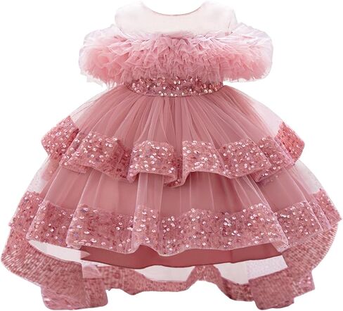 Lamgool Baby Girl Pageant Dress Sequins Off-the-Shoulder Flower Girl Dress with Ruffled High-Low Train Princess Birthday Gown in Saudi Arabia