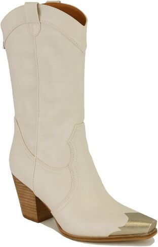 Beast Fashion Western Metal Toe Boots for Women Cowgirl Boots Mid Calf Boots Stacked Heel Back Zipper Boots Cowboy Boots in Saudi Arabia