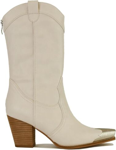 Beast Fashion Western Metal Toe Boots for Women Cowgirl Boots Mid Calf Boots Stacked Heel Back Zipper Boots Cowboy Boots in Saudi Arabia