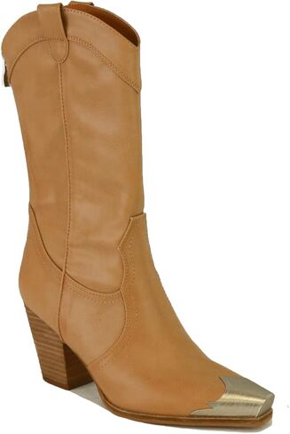 Beast Fashion Western Metal Toe Boots for Women Cowgirl Boots Mid Calf Boots Stacked Heel Back Zipper Boots Cowboy Boots in Saudi Arabia