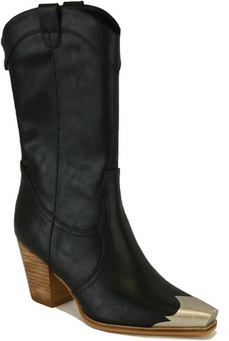 Beast Fashion Western Metal Toe Boots for Women Cowgirl Boots Mid Calf Boots Stacked Heel Back Zipper Boots Cowboy Boots in Saudi Arabia