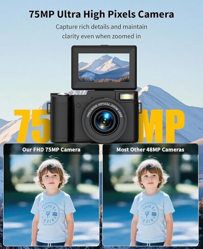 FLATIC 6K Digital Camera, 75MP Cameras for Photography with 8X Optical Zoom & Tripod, Anti-Shake Vlogging Camera with 3" 180° Flip Screen, 64GB Card, Card Reader, Vlog Cameras for Youtubers in Kuwait
