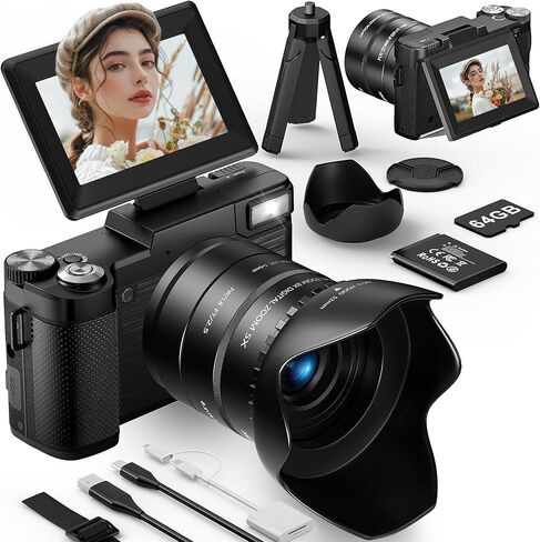 FLATIC 6K Digital Camera, 75MP Cameras for Photography with 8X Optical Zoom & Tripod, Anti-Shake Vlogging Camera with 3" 180° Flip Screen, 64GB Card, Card Reader, Vlog Cameras for Youtubers in Saudi Arabia
