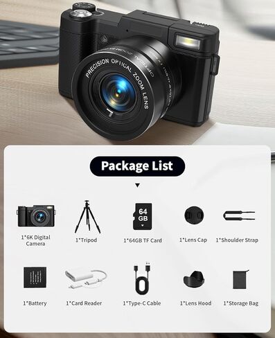 FLATIC 6K Digital Camera, 75MP Cameras for Photography with 8X Optical Zoom & Tripod, Anti-Shake Vlogging Camera with 3" 180° Flip Screen, 64GB Card, Card Reader, Vlog Cameras for Youtubers in Saudi Arabia