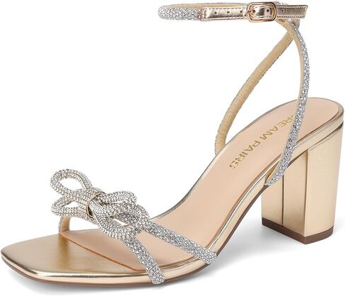 DREAM PAIRS المرأة عقدة القوس كعب كتلة مكتنزة إصبع مربع Slingback مع الكاحل مشبك الأزياء الصنادل فستان مريح أحذية الصيف لحفل الزفاف حفلة موسيقية in Kuwait