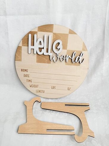 Hello World Wooden Baby Announcement Sign, Newborn Birth Stats Board with Name Date Time Weight Length, Natural Wood Nursery Decor for Boys & Girls in Kuwait