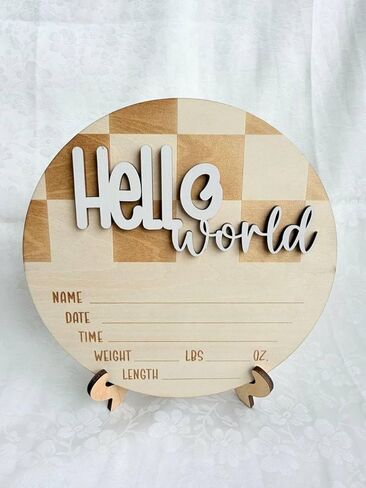 Hello World Wooden Baby Announcement Sign, Newborn Birth Stats Board with Name Date Time Weight Length, Natural Wood Nursery Decor for Boys & Girls in Kuwait