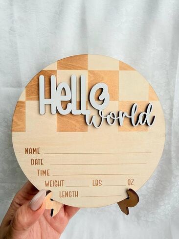 Hello World Wooden Baby Announcement Sign, Newborn Birth Stats Board with Name Date Time Weight Length, Natural Wood Nursery Decor for Boys & Girls in Kuwait