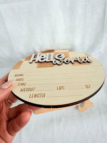 Hello World Wooden Baby Announcement Sign, Newborn Birth Stats Board with Name Date Time Weight Length, Natural Wood Nursery Decor for Boys & Girls in Kuwait