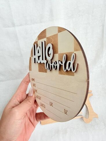 Hello World Wooden Baby Announcement Sign, Newborn Birth Stats Board with Name Date Time Weight Length, Natural Wood Nursery Decor for Boys & Girls in Kuwait