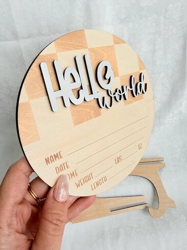 Hello World Wooden Baby Announcement Sign, Newborn Birth Stats Board with Name Date Time Weight Length, Natural Wood Nursery Decor for Boys & Girls in Kuwait