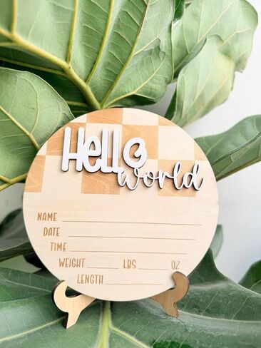 Hello World Wooden Baby Announcement Sign, Newborn Birth Stats Board with Name Date Time Weight Length, Natural Wood Nursery Decor for Boys & Girls in Kuwait