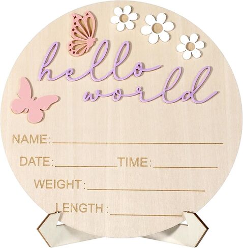 Hello World Newborn Sign, 5.9 Inch Wooden Baby Announcement Sign with Stand Pink Butterfly Style Birth Welcome Board for Newborn Girls Photo Props Baby Shower Hospital Nursery (Purple) in Kuwait