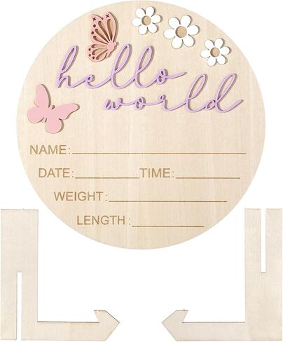 Hello World Newborn Sign, 5.9 Inch Wooden Baby Announcement Sign with Stand Pink Butterfly Style Birth Welcome Board for Newborn Girls Photo Props Baby Shower Hospital Nursery (Purple) in Kuwait