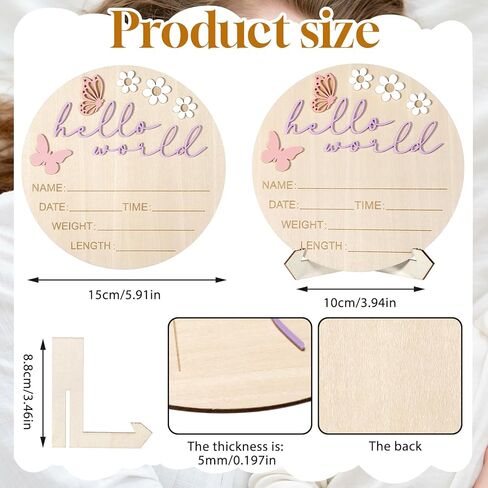 Hello World Newborn Sign, 5.9 Inch Wooden Baby Announcement Sign with Stand Pink Butterfly Style Birth Welcome Board for Newborn Girls Photo Props Baby Shower Hospital Nursery (Purple) in Kuwait