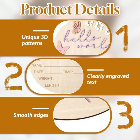 Hello World Newborn Sign, 5.9 Inch Wooden Baby Announcement Sign with Stand Pink Butterfly Style Birth Welcome Board for Newborn Girls Photo Props Baby Shower Hospital Nursery (Purple) in Kuwait