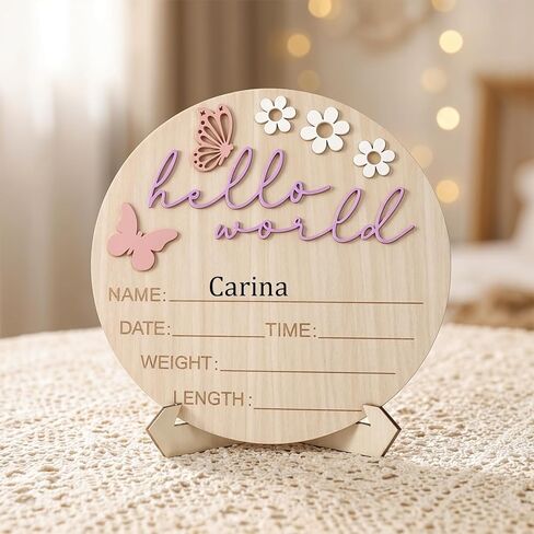Hello World Newborn Sign, 5.9 Inch Wooden Baby Announcement Sign with Stand Pink Butterfly Style Birth Welcome Board for Newborn Girls Photo Props Baby Shower Hospital Nursery (Purple) in Kuwait