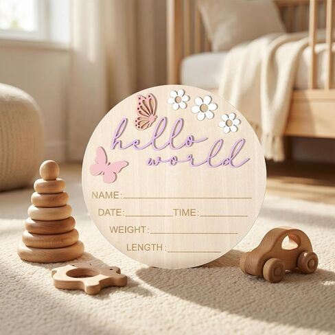 Hello World Newborn Sign, 5.9 Inch Wooden Baby Announcement Sign with Stand Pink Butterfly Style Birth Welcome Board for Newborn Girls Photo Props Baby Shower Hospital Nursery (Purple) in Kuwait