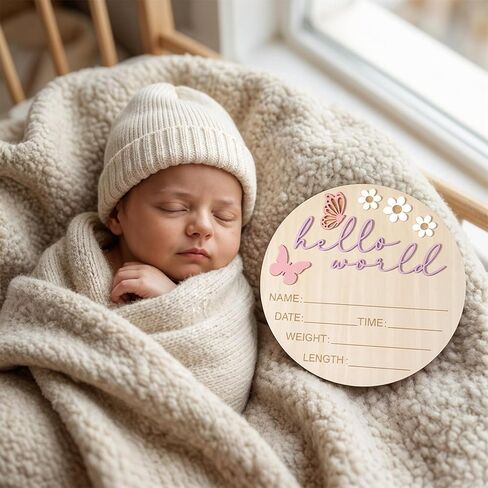 Hello World Newborn Sign, 5.9 Inch Wooden Baby Announcement Sign with Stand Pink Butterfly Style Birth Welcome Board for Newborn Girls Photo Props Baby Shower Hospital Nursery (Purple) in Kuwait